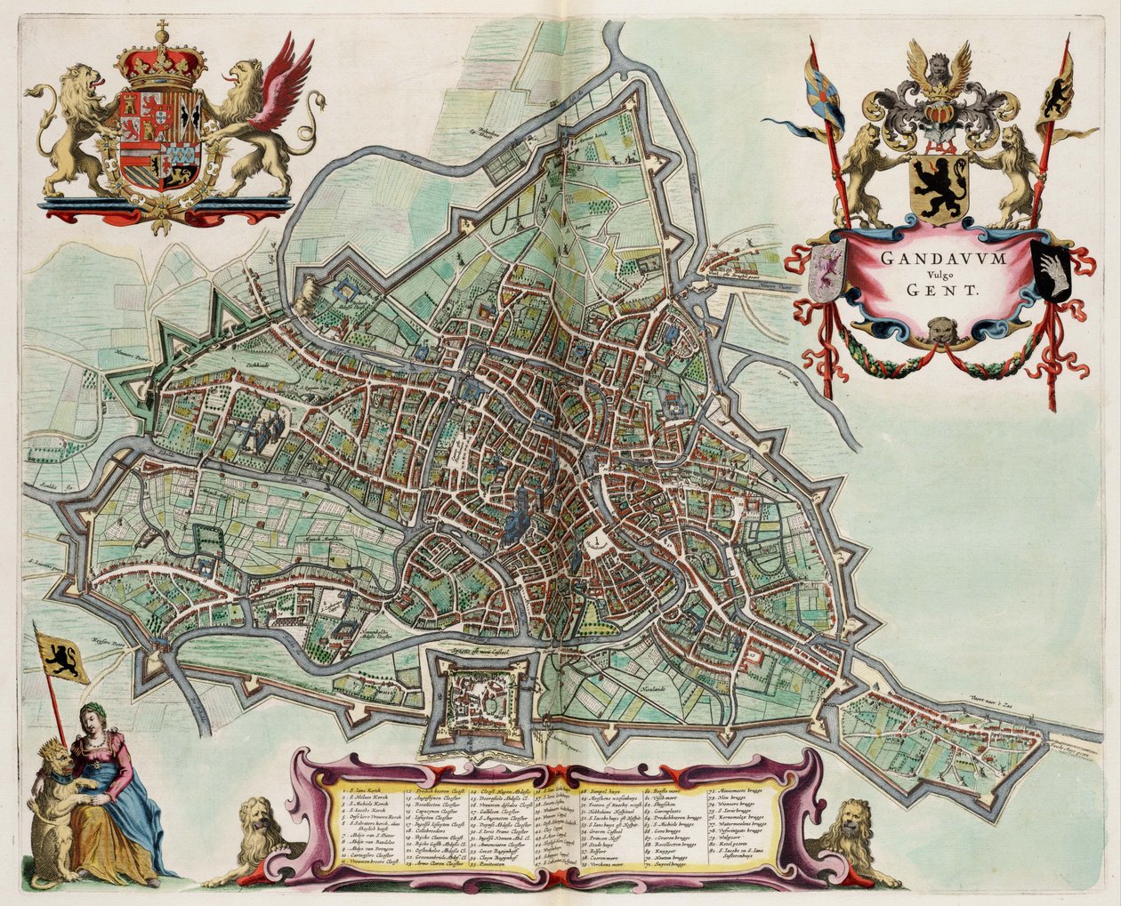 Kaart van Gent, België; Atlas van Loon tekijältä Joan Blaeu