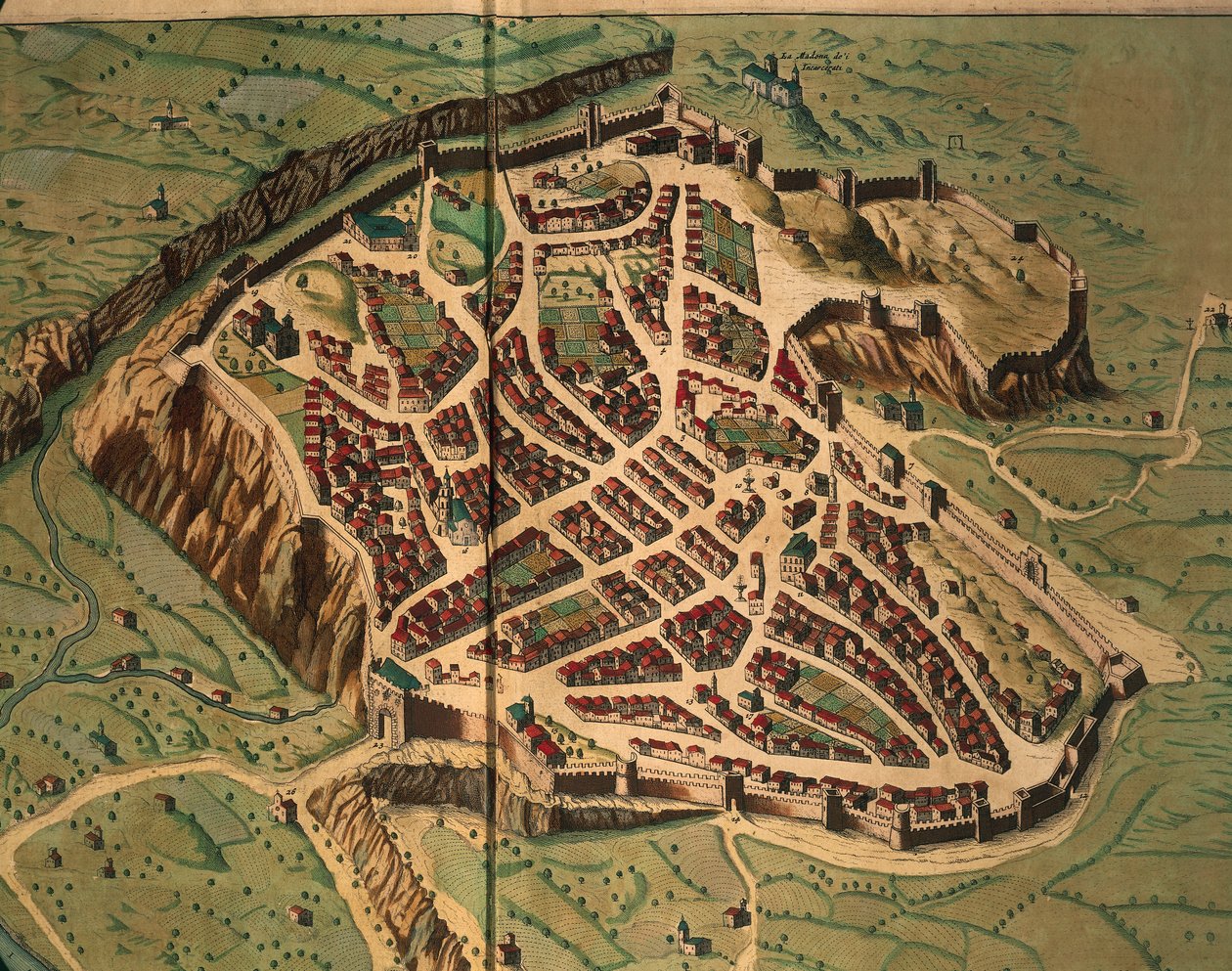 Acquapendenten kartta Theatrum civitatum et admirandorum Italiaesta, kirjoittanut Joan Blaeu, kaiverrus tekijältä Joan Blaeu