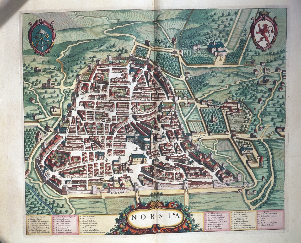 Norcian kartta, Theatrum civitatum et admirandorum Italiae, Joan Blaeu, kaiverrus tekijältä Joan Blaeu