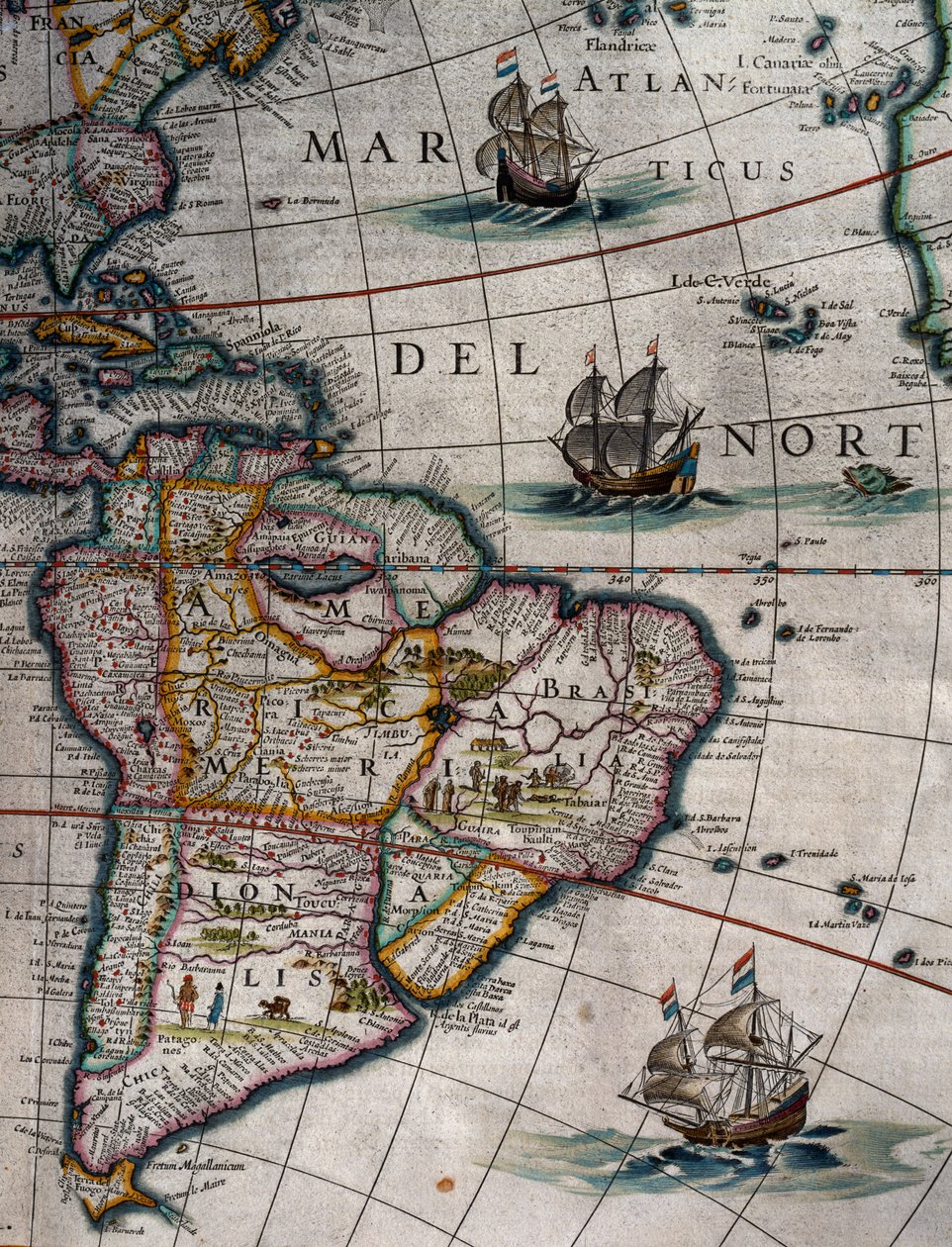 Pohjois-Atlantti ja Etelä-Amerikka, osa XI, Atlas Maior, kirjoittanut Joan Blaeu (1596-1673), kuparikaiverrus, Amsterdam tekijältä Joan Blaeu