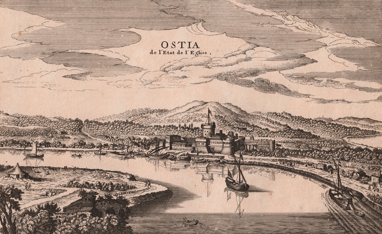 Perspektiivikuva Ostian kaupungista ja satamasta, Lazio, Italia, kuparikaiverrus, n. 278x173 cm tekijältä Joan Blaeu
