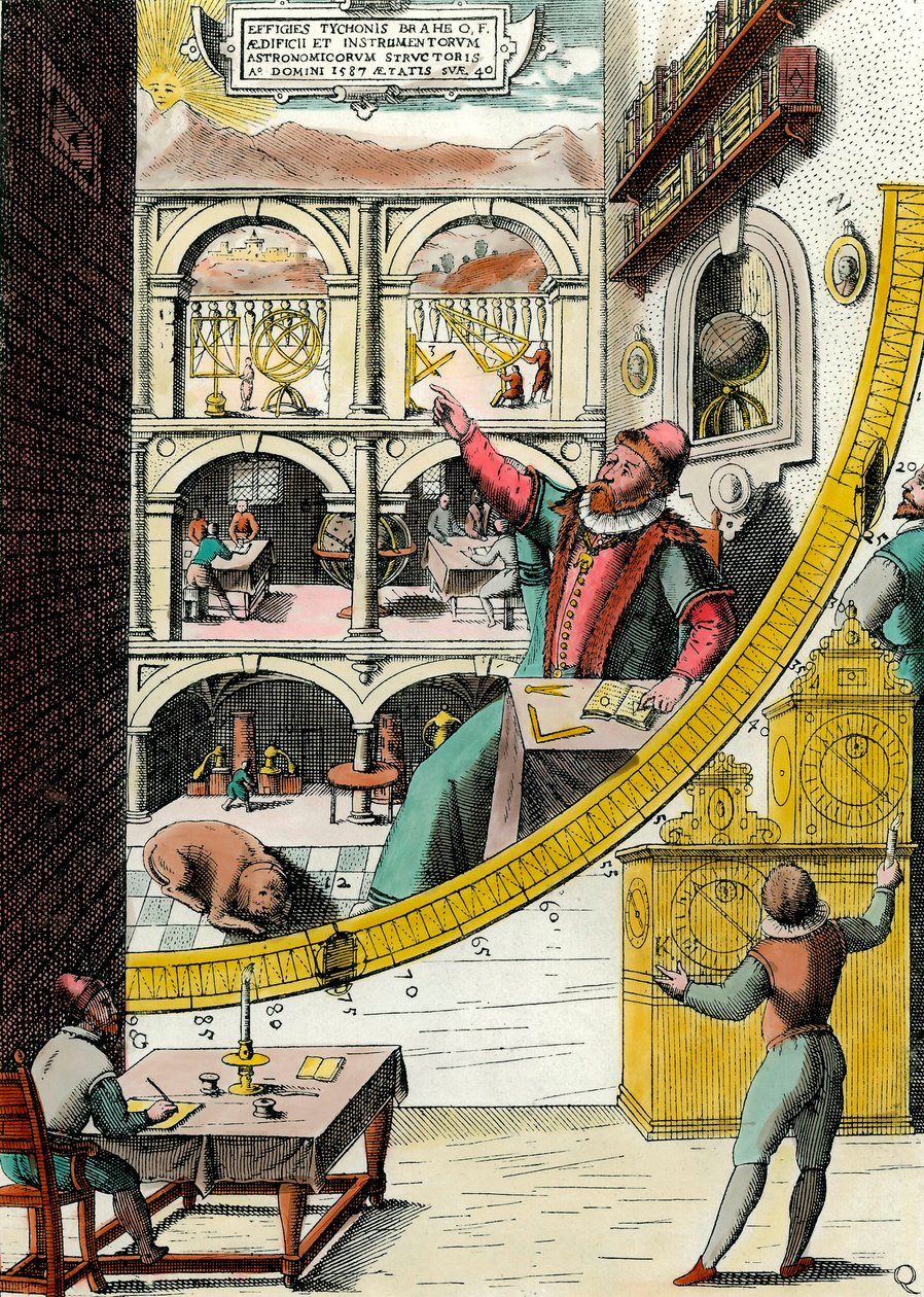 Tycho Brahen (1546-1601), tanskalaisen tähtitieteilijän, esitys observatoriossa. Kaiverrus Johannes Blaeun (1598-1673) "Atlas Major Ssive et cosmographia Blavania labore et sumptibus" -kirjasta. 17. vuosisata. Pariisi, koristetaide tekijältä Joan Blaeu