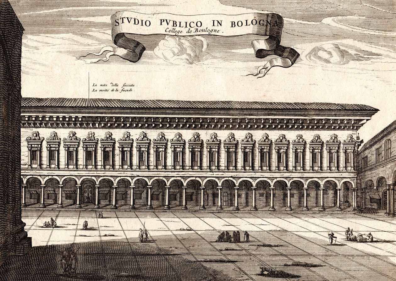 Archiginnasion palatsi, Bologna, Emilia-Romagna, Italia, kuparikaiverrus, n. 21x29 cm tekijältä Joan Blaeu