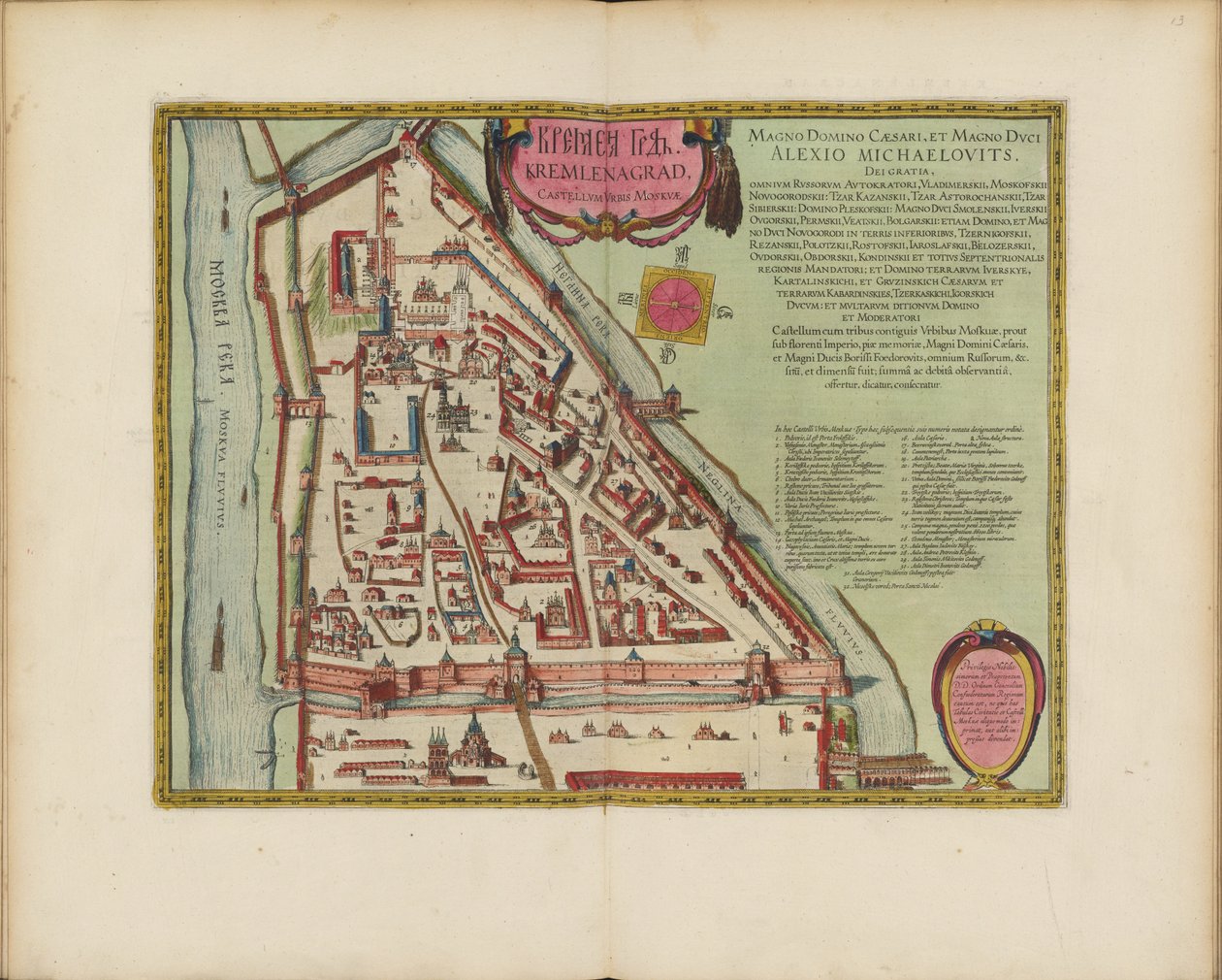 Moskovan Kremlin kartta 1500-luvulta (Castellum Urbis Moskvae), n. 1600 (kaiverrus ja akvarelli) tekijältä Joan Blaeu