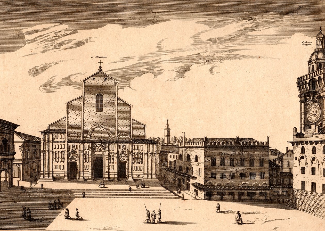 San Petronion basilika Piazza Maggioressa, Bolognassa, Emilia-Romagnassa, Italiassa, kuparikaiverrus, n. 21x29 cm tekijältä Joan Blaeu
