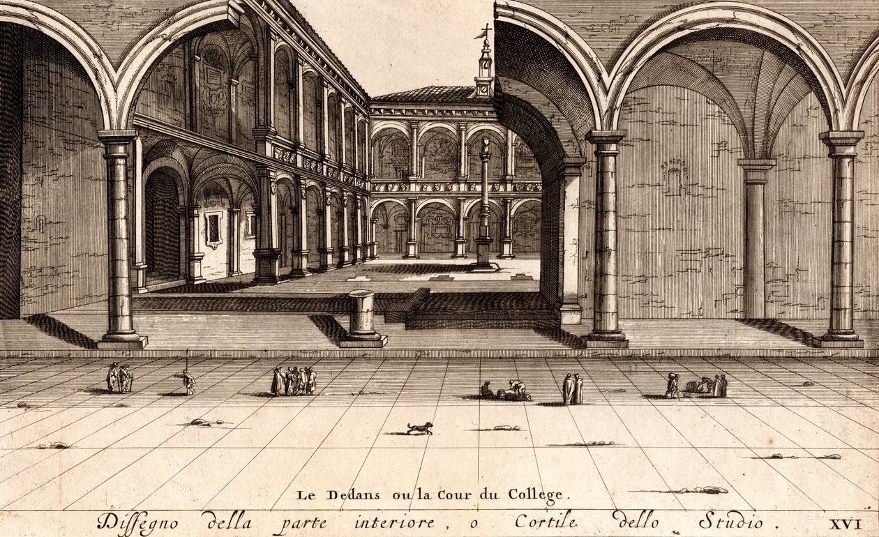 Archiginnasion palatsin sisäpiha, Bologna, Emilia-Romagna, Italia, kuparikaiverrus, n. 21x29 cm tekijältä Joan Blaeu