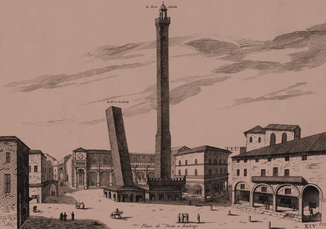 Kaksi tornia (Asinelli ja Garisenda), Bologna, Bologna, Emilia-Romagna, Italia, kuparikaiverrus, n. 21x29 cm tekijältä Joan Blaeu