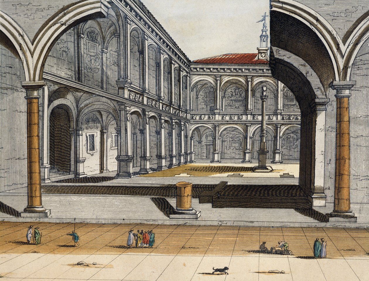 Näkymä vanhan yliopiston sisäpihalle Bolognassa, Joan Blaeu, kaiverrus, Italia tekijältä Joan Blaeu