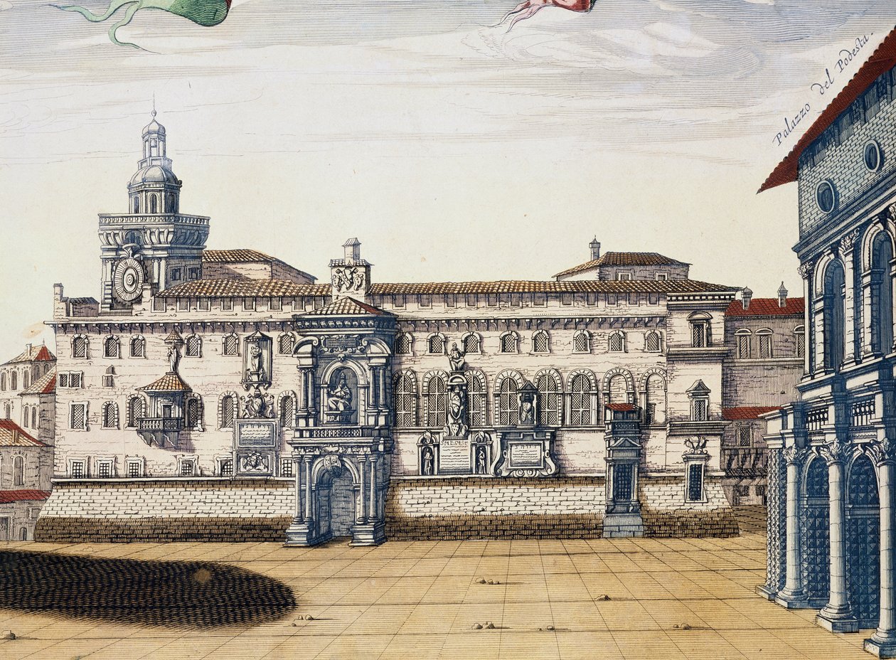 Näkymä Bolognan vanhalle aukiolle, Giacomo Lauron ja Joan Blaeun kaiverrus Theatrum civitatum et admirandorum Italiaesta, julkaistu Amsterdamissa vuonna 1663 tekijältä Joan Blaeu
