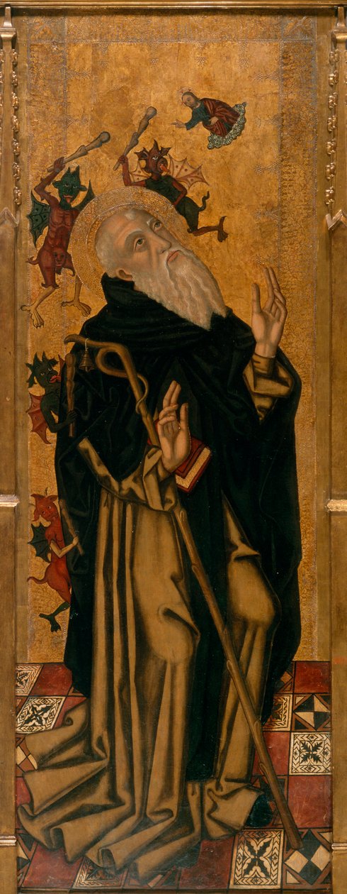 Demonien kiusaama Pyhän Antonius Suuren kiusaus - Demonien kiusaama pyhä Antonius apotti - Joan Desin maalaus (aktiivinen 1481-1520) - n. 1500 - Öljy puulle - Museu Nacional d