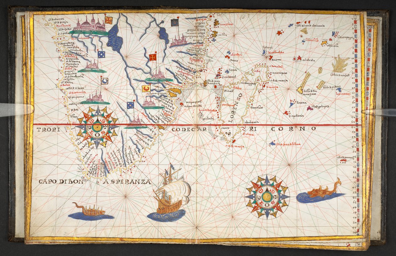 Afrikan kartta päiväntasaajan eteläpuolelta, jossa on osa Intian valtamerestä, lähteestä "An atlas of 17 sea charts by Joan Martines". tekijältä Joan Martines