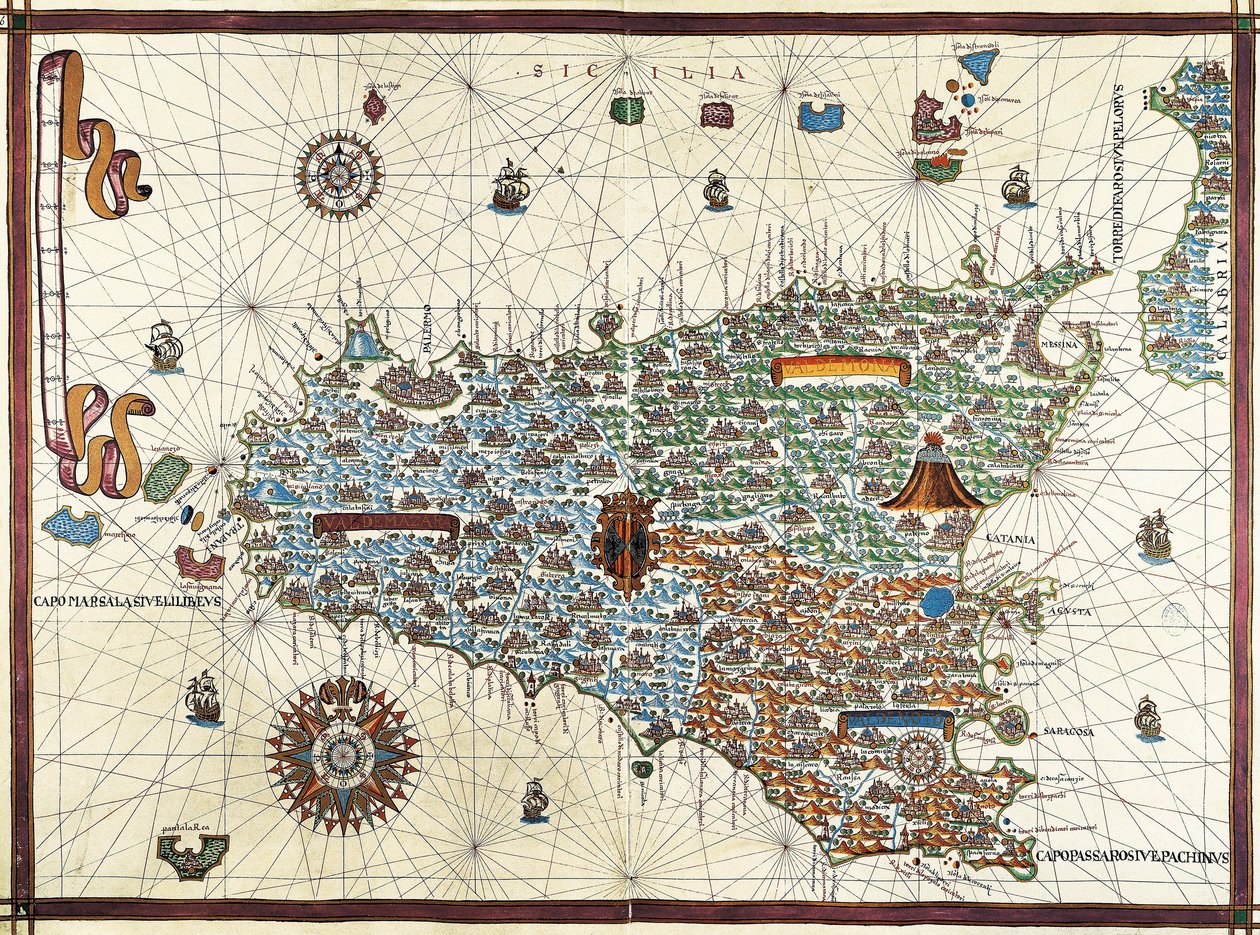 Sisilian saari. (Sisilia) Joan Martinesin (1556-1591) navigointikartta tekijältä Joan Martines