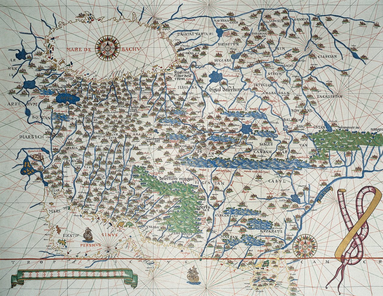 Aasian kartta, mukaan lukien Armenia, Iran, Afganistan, tuuliruusu, yksityiskohdat satamista, rannikoista ja merireiteistä, Atlas de Joan Martinesissa tekijältä Joan Martines