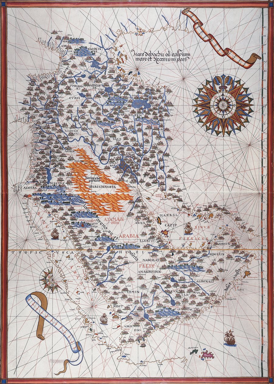 Arabian niemimaan kartta, jossa tuuliruusu ja yksityiskohdat satamista ja meren rannikoista, Atlas de Joan Martinesissa tekijältä Joan Martines