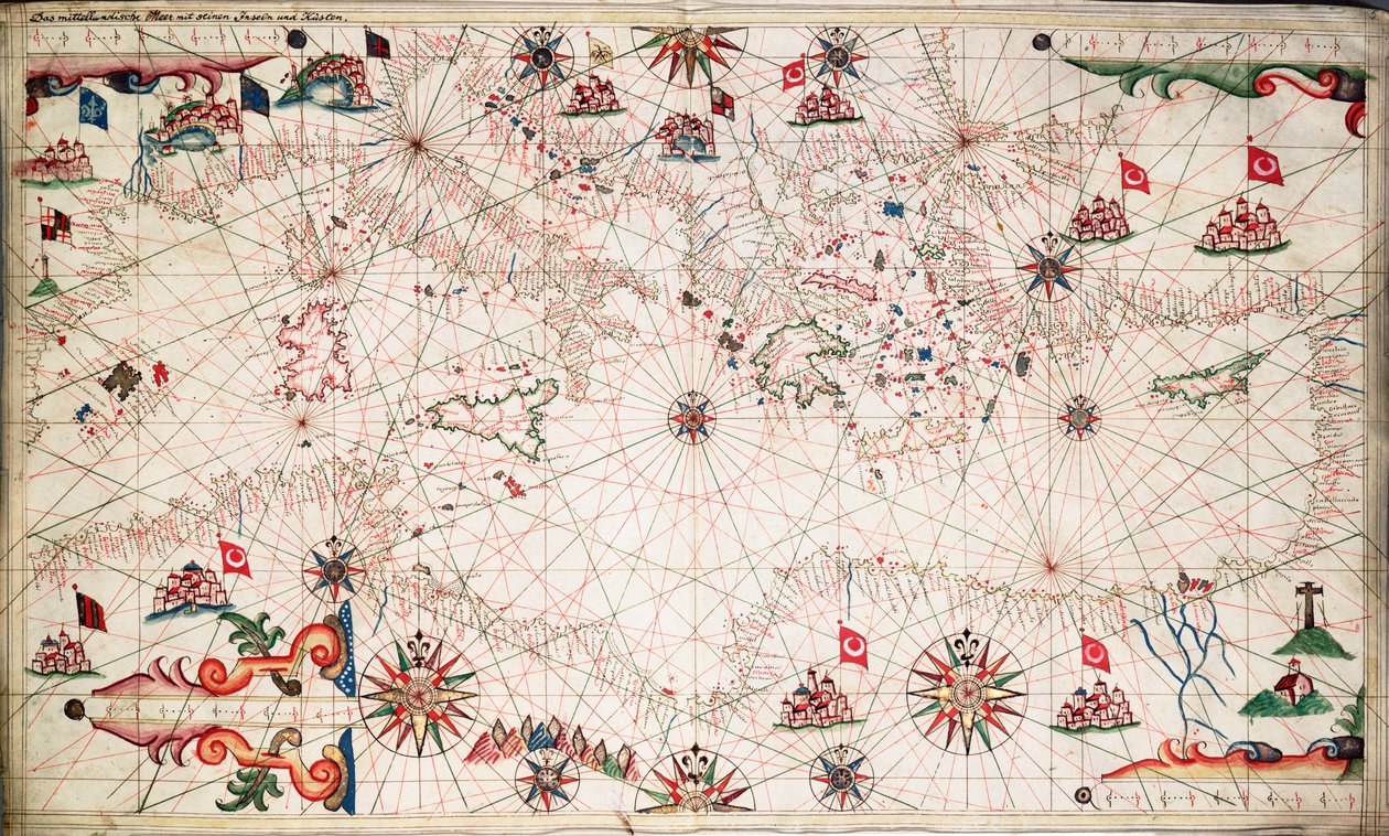 Välimeren kartta, noin 1640 (pergamentti). tekijältä Joan Oliva