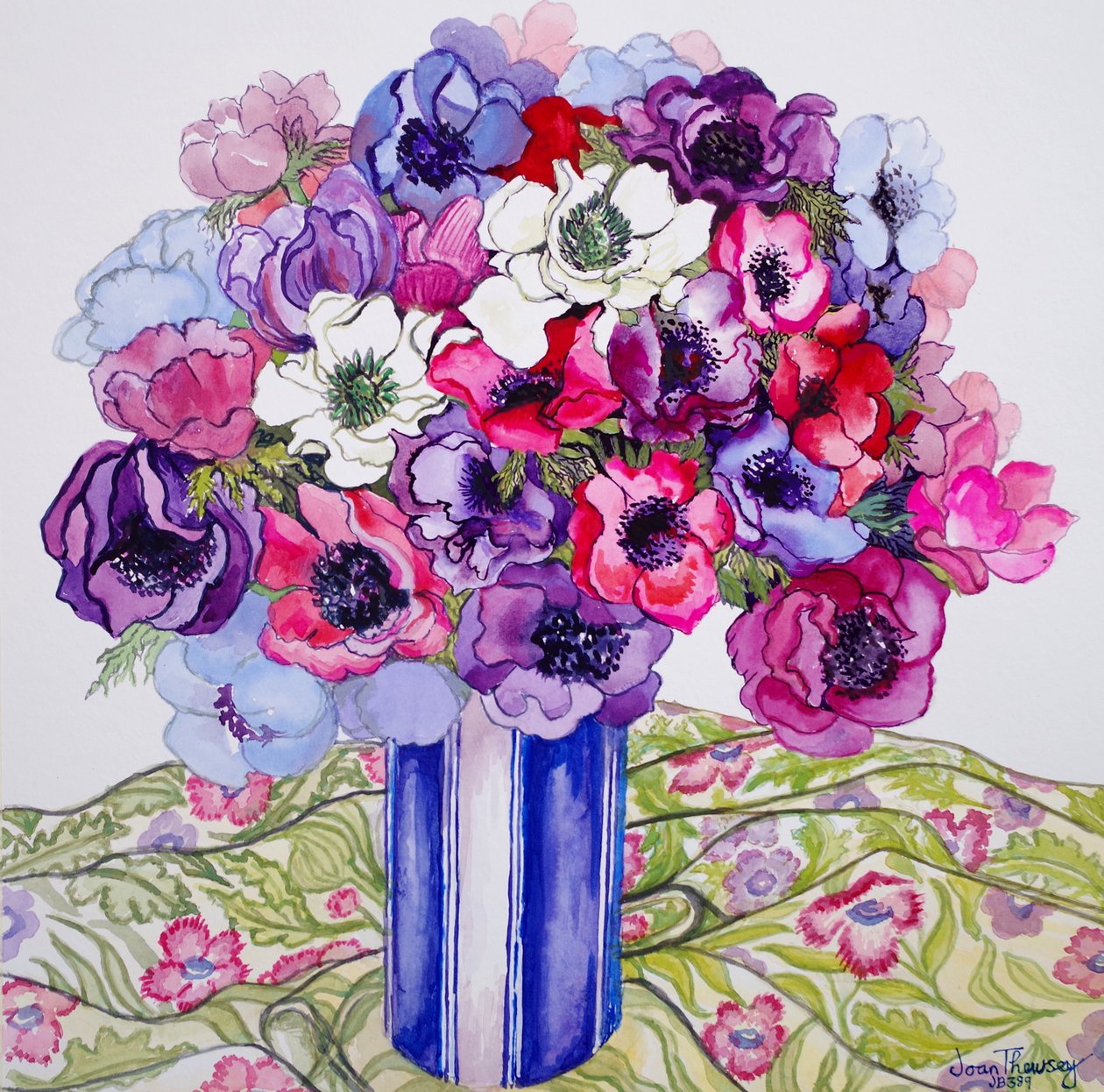 Anemones in a Striped Pot, 2015, akvarelli käsintehdylle paperille tekijältä Joan Thewsey