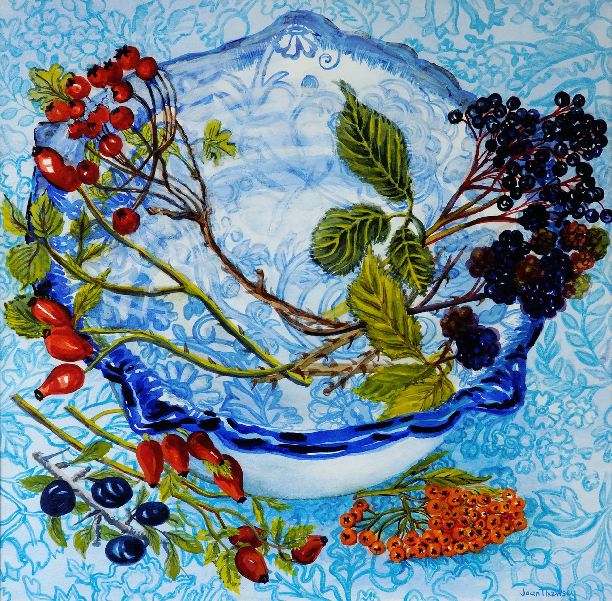 Sininen antiikkikulho marjoilla, 2010, akvarelli tekijältä Joan Thewsey
