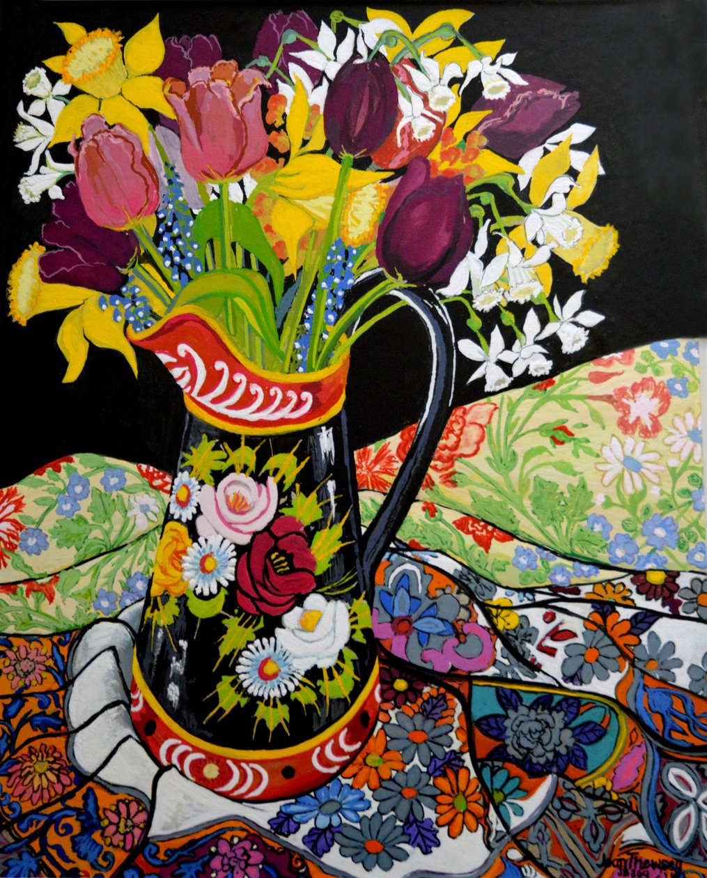 Canal Boat Jug, narsissit ja tulppaanit, 2005 (guassi) tekijältä Joan Thewsey