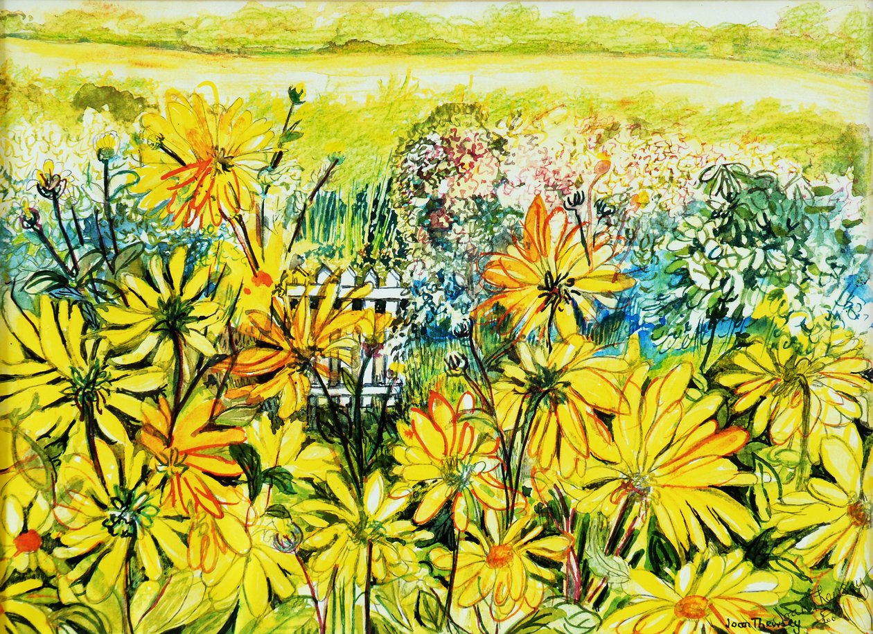 Mökin portti nähtynä Sun Daisiesin läpi, 2005, (akvarelli) tekijältä Joan Thewsey
