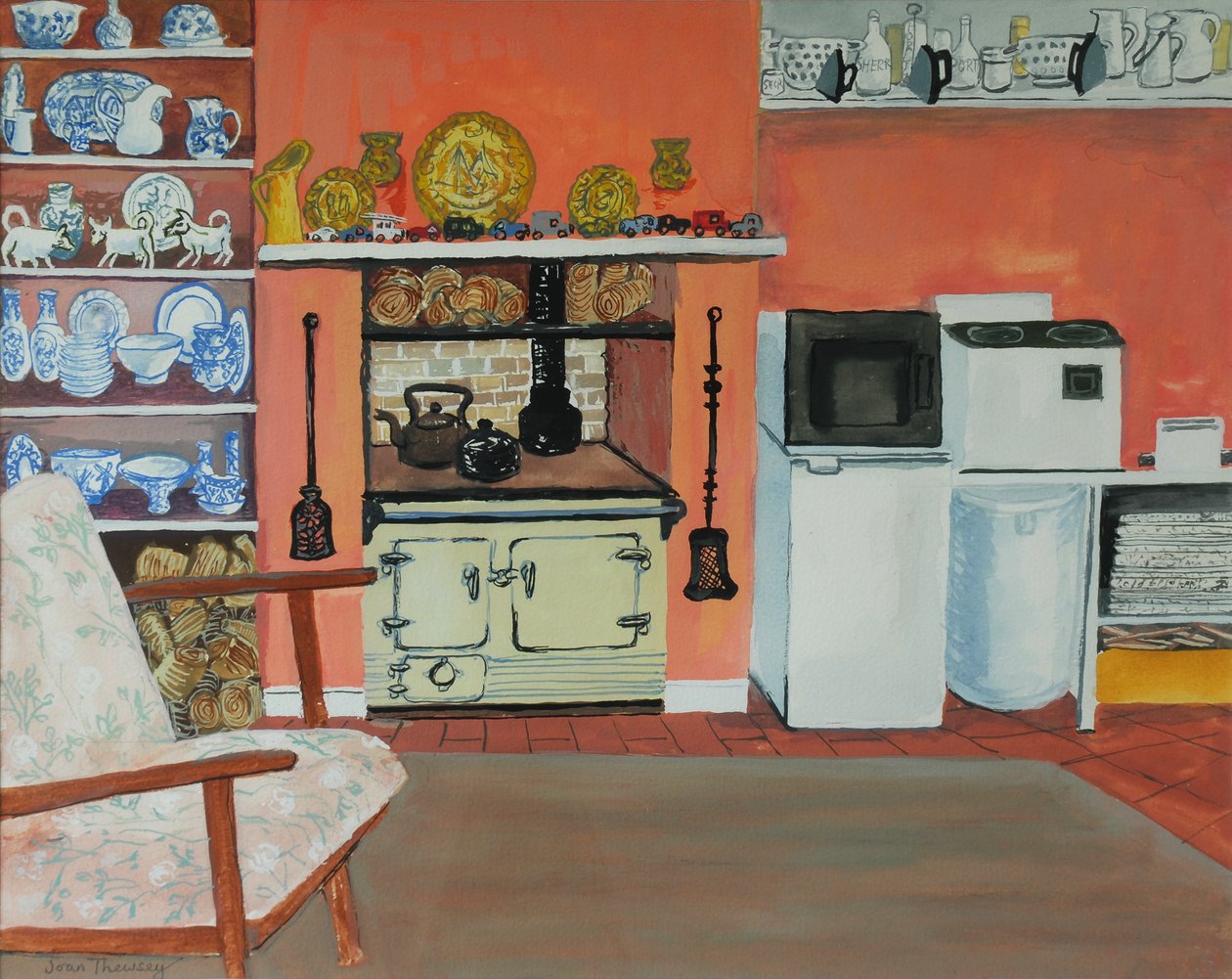 Mökin keittiö, Red Cottage Studios, Suffolk ja Rayburn, 2000, guassi tekijältä Joan Thewsey