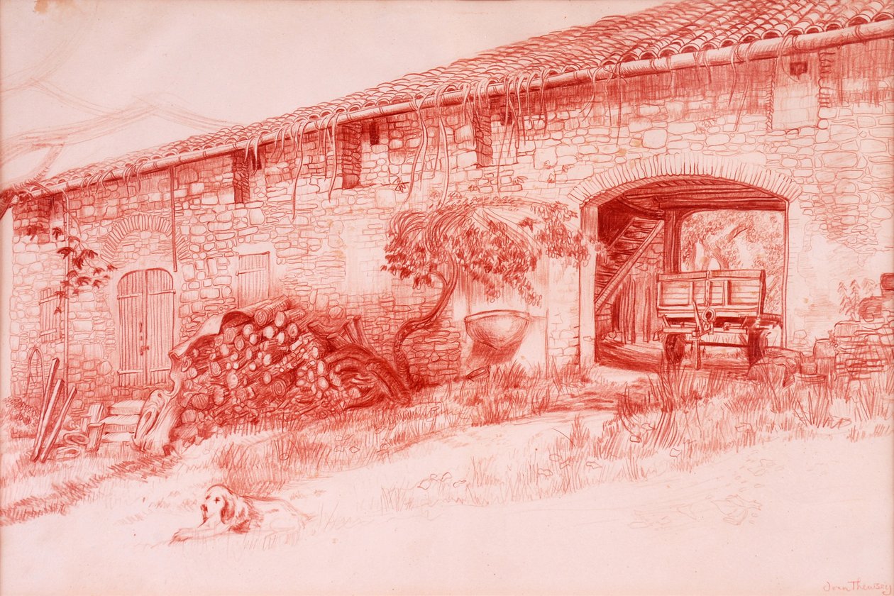 Maalaistalo, Provence, 2000, terrakotta conte` kynä tekijältä Joan Thewsey
