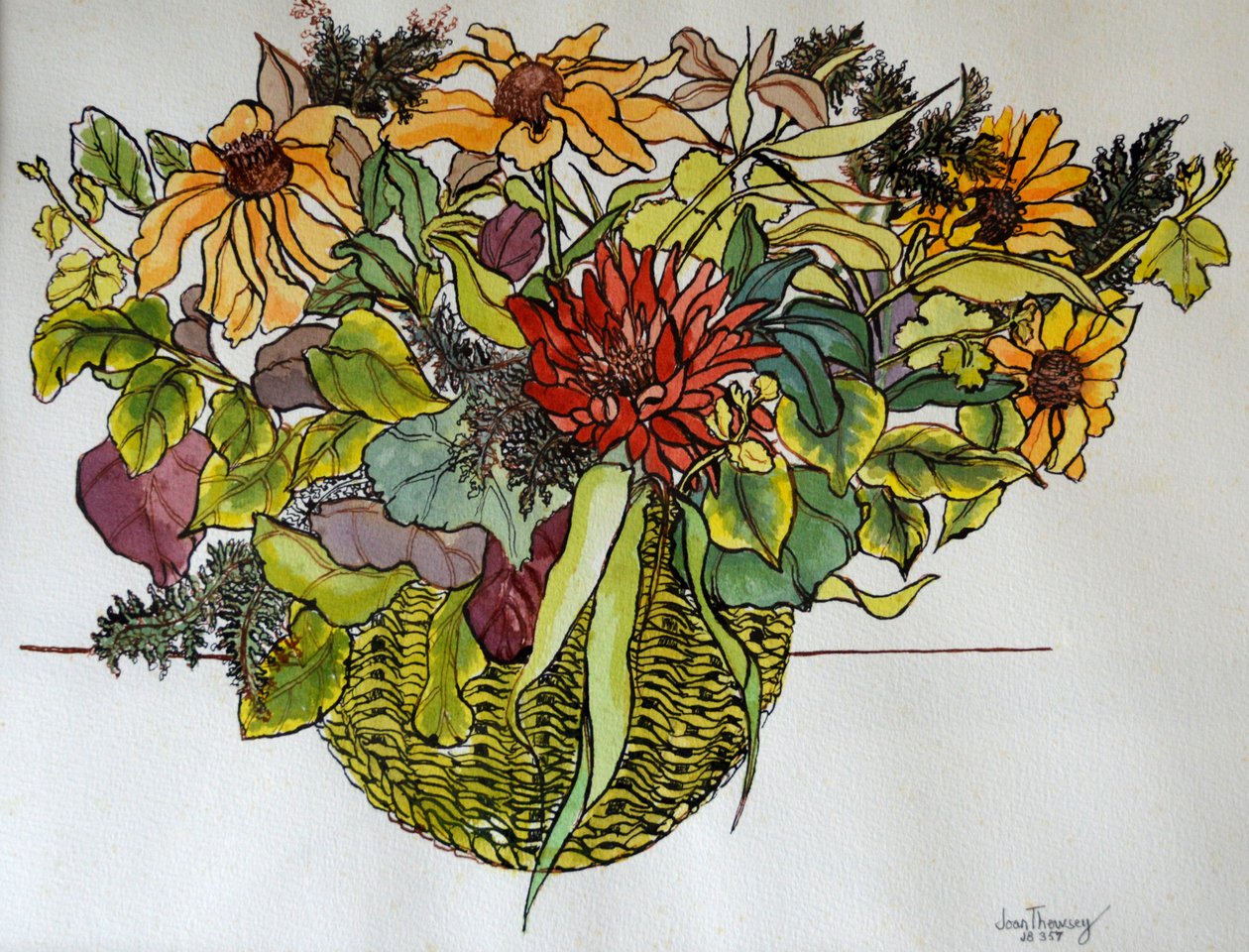 Rudbeckia lehtineen korissa, 2011,(kynä, muste ja akvarelli) tekijältä Joan Thewsey