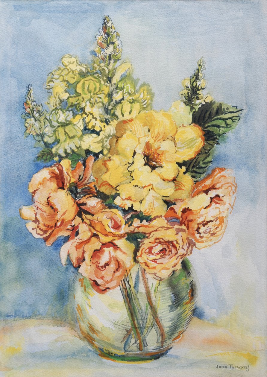 Keltaiset ruusut ja antirrhinums, 2001, (wc käsintehdylle paperille) tekijältä Joan Thewsey