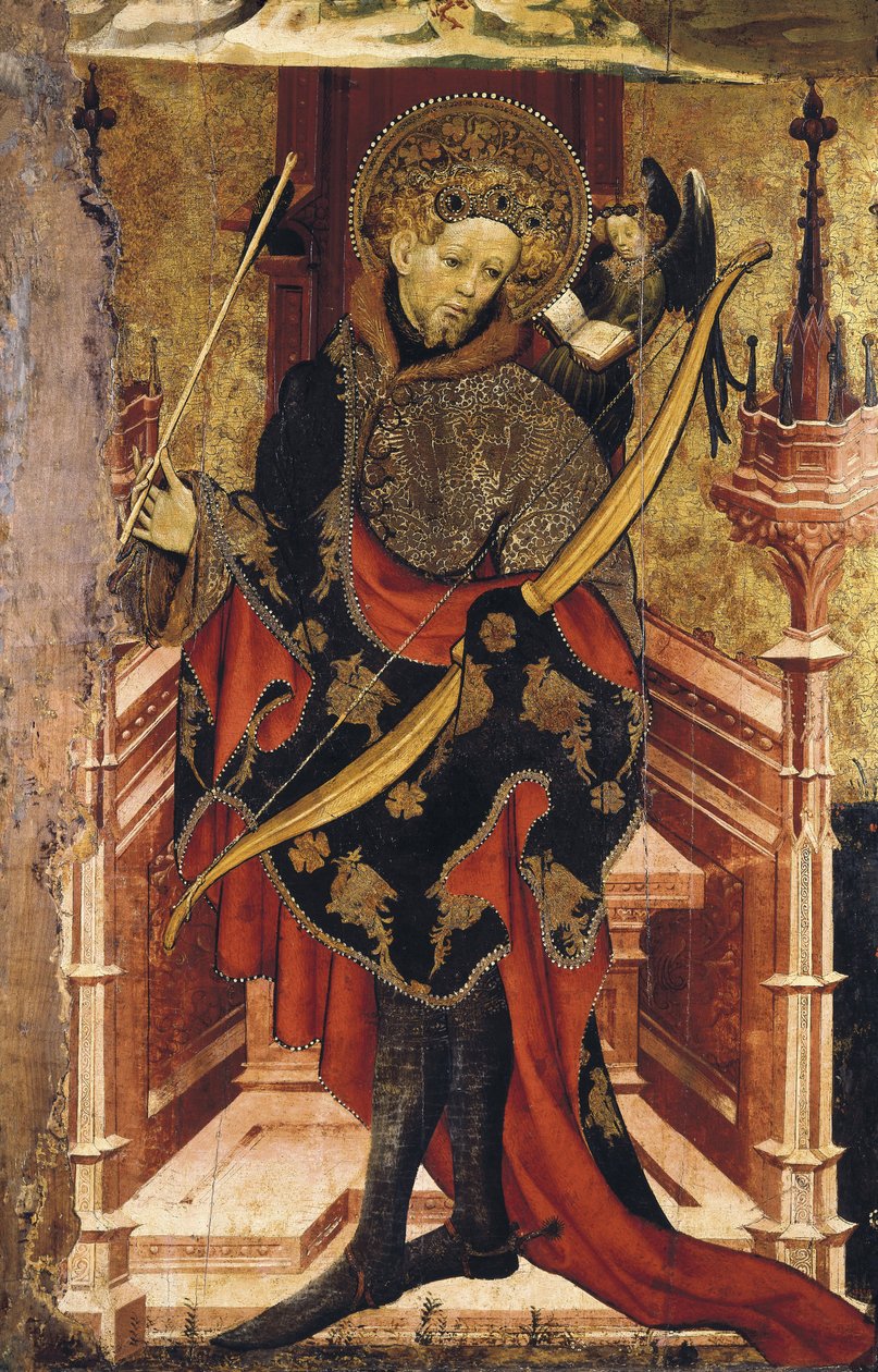 São Sebastião e Crucificação. c.1417-25 (têmpera sobre madeira) finlandês tekijältä Joan or Juan Mates