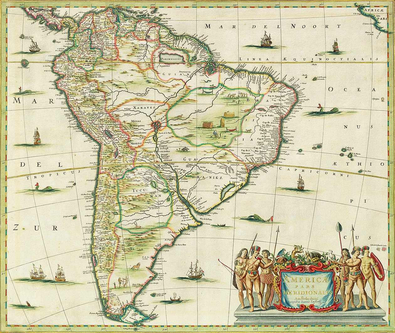 America Pars Meridionalis, sivu 93 julkaisussa "Atlas Minor Sive Geographia Compendiosa, qua Orbis Terrarum", koonnut Nicolaes Visscher (1618-1709) 1655 (käsinvärinen kaiverrus) tekijältä Joannes Jansson