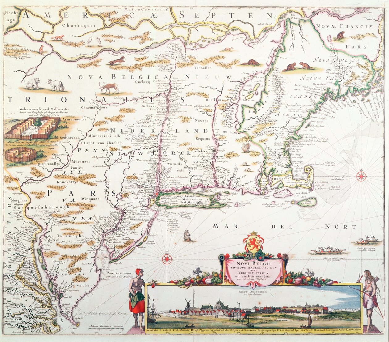 Uuden Belgian kartta, jossa on näkymä Uudesta Amsterdamista, Nicolaes Visscherin (1618-1709) laatima noin 1651-55 (käsin väritetty kaiverrus). tekijältä Joannes Jansson