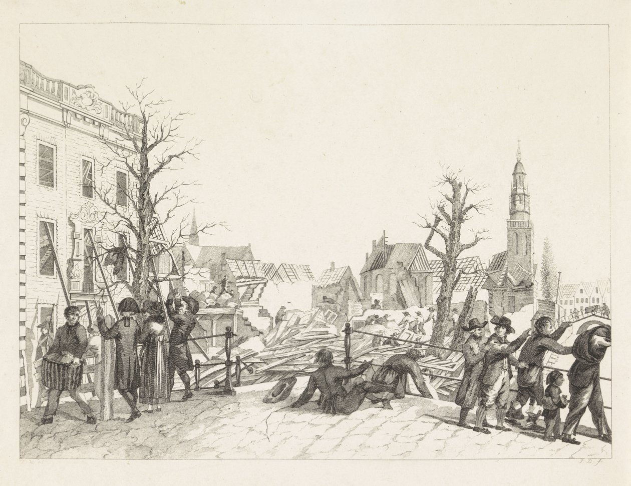 Rauniot Leidenissä ruutikatastrofin jälkeen, 1807 tekijältä Joannes Bemme