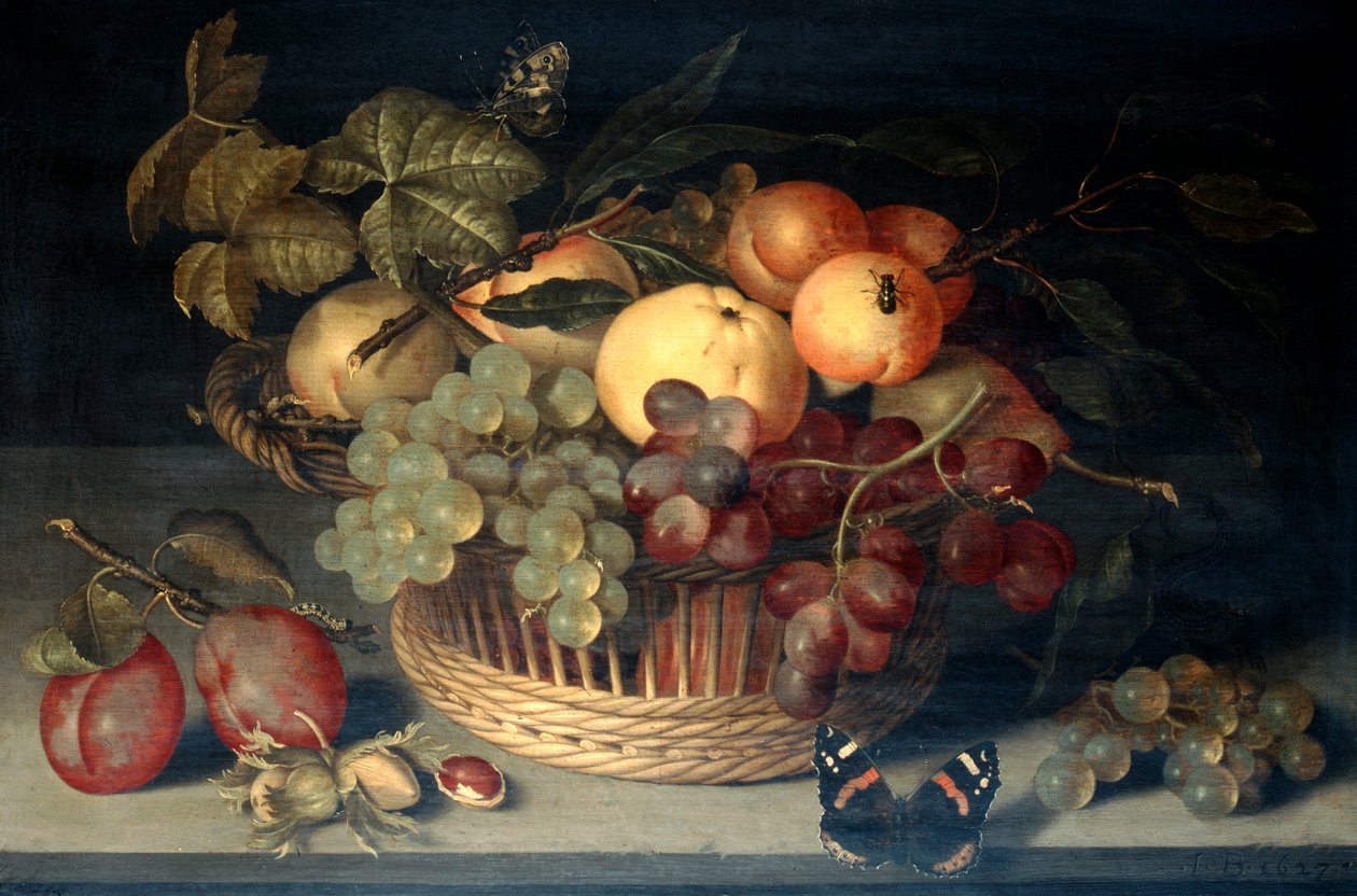 "Hedelmäkori ja amiraaliperhonen kivipöydällä", 1610. tekijältä Joannes Busschaert