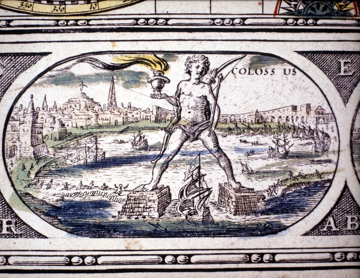 Esitys antiikin seitsemästä ihmeestä: Rodoksen kolossi. Amsterdamissa 1630 painettu Jansson Jannsoniuksen atlas. Yksityiskokoelma. tekijältä Joannes Jansson