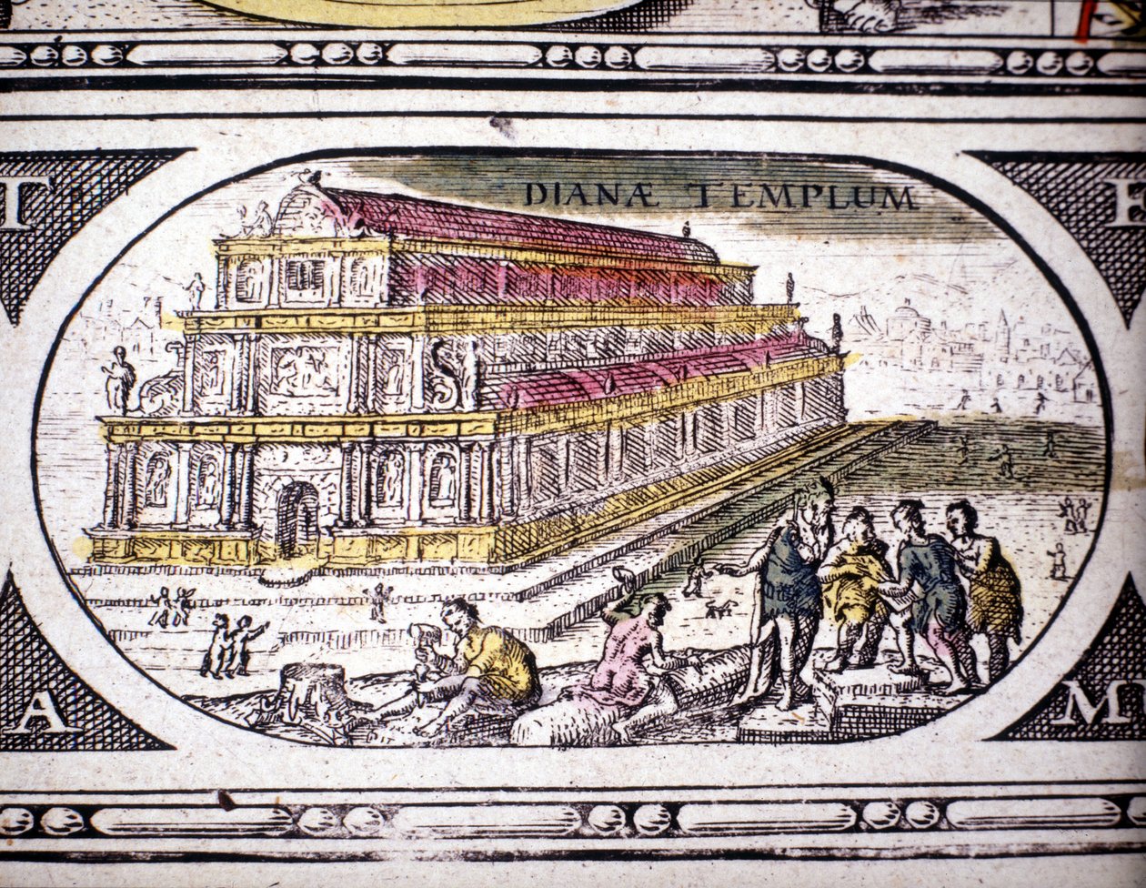 Esitys antiikin seitsemästä ihmeestä: Dianan temppeli (Artemis) Efesoksessa. Amsterdamissa 1630 painettu Jansson Jannsoniuksen atlas. Yksityiskokoelma. tekijältä Joannes Jansson