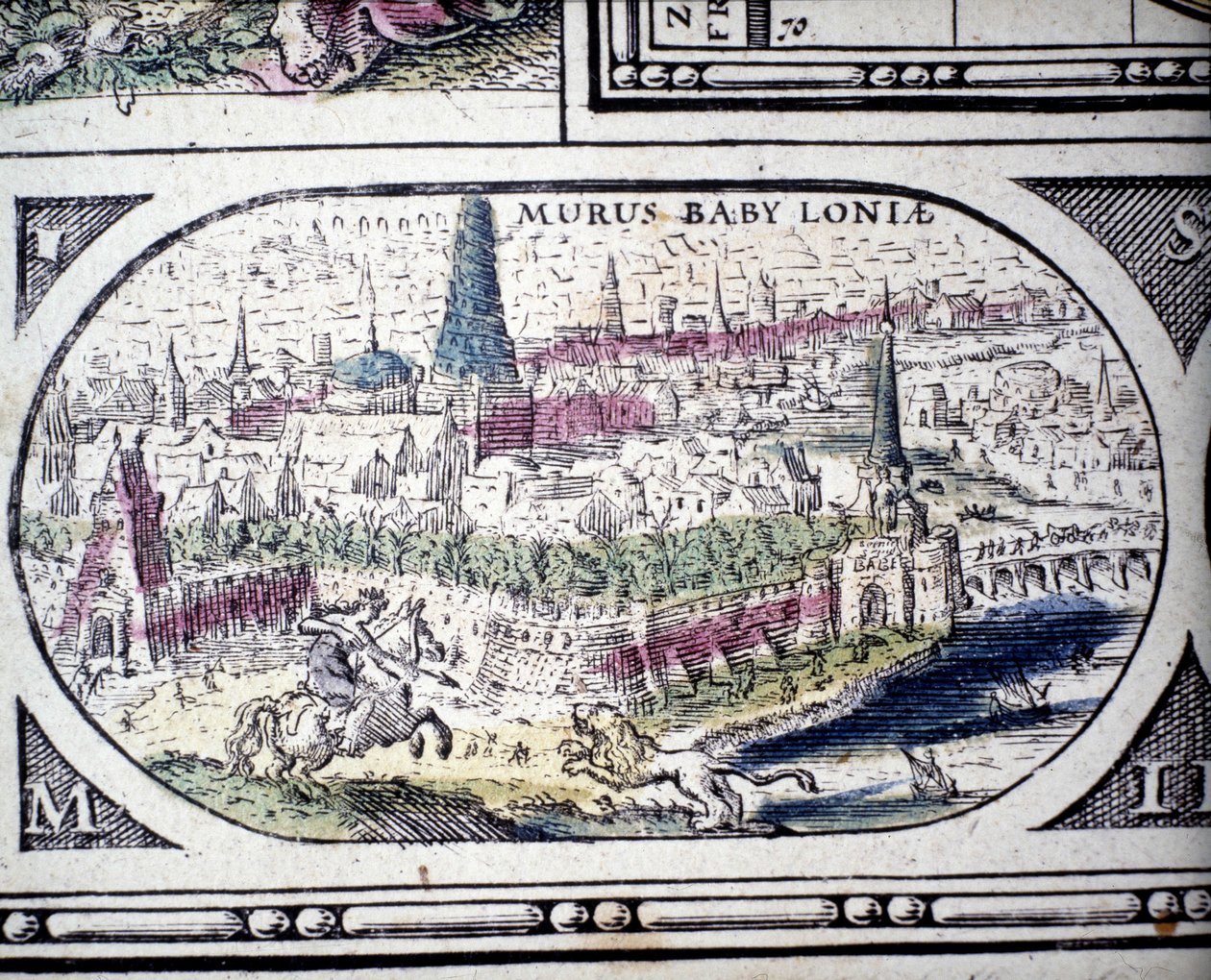 Esitys antiikin seitsemästä ihmeestä: Babylonin puutarhat. Jansson Jannsoniuksen Atlasissa, joka painettiin Amsterdamissa vuonna 1630 tekijältä Joannes Jansson