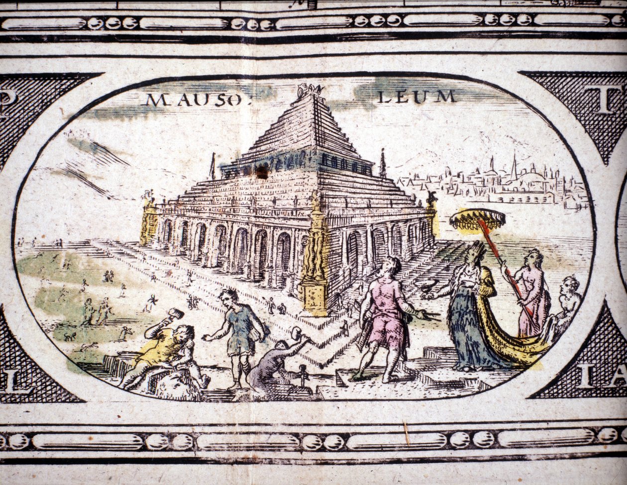 Esitys antiikin seitsemästä ihmeestä: Halikarnassoksen mausoleumi. Jansson Jannsoniuksen Atlas, painettu Amsterdamissa 1630. Yksityiskokoelma. tekijältä Joannes Jansson