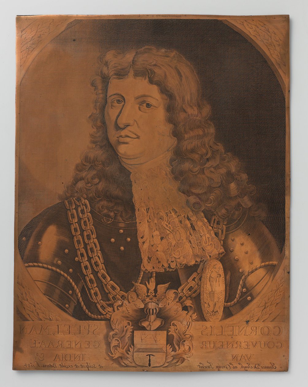 Kuparikaiverruslevy Cornelis Speelmanin muotokuvalla (rintakappale) 1640-1684, Hollannin Itä-Intian kenraalikuvernööri 1681-1684 tekijältä Joannes de Jongh