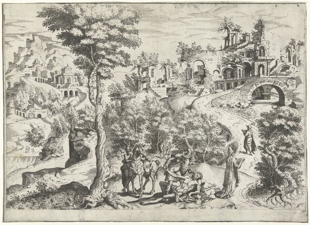 Maisema laupias samarialaisen kanssa tekijältä Joannes van Doetechum (I) (attributed to)