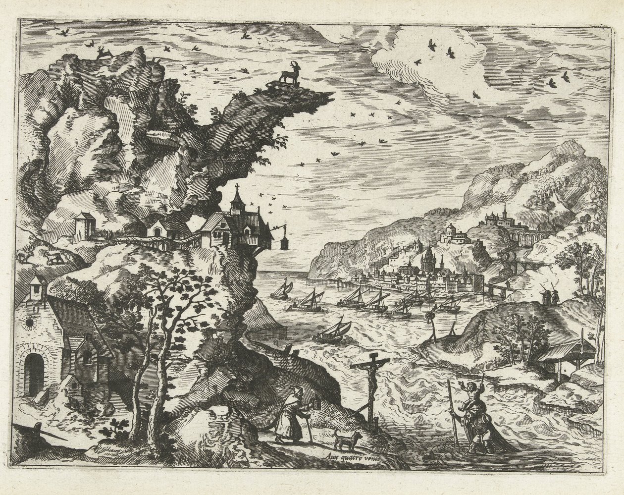 Maisema Pyhän Kristoferin kanssa Maisemat, merimaisemat ja mielikuvitukselliset kaupunkimaisemat (sarjan nimi) tekijältä Joannes van Doetechum (I) (attributed to)