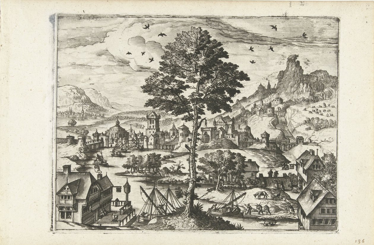 Maisema kaupungin kanssa joen varrella Maisemat, merimaisemat ja mielikuvitukselliset kaupunkimaisemat (sarjan nimi) tekijältä Joannes van Doetechum (I) (attributed to)