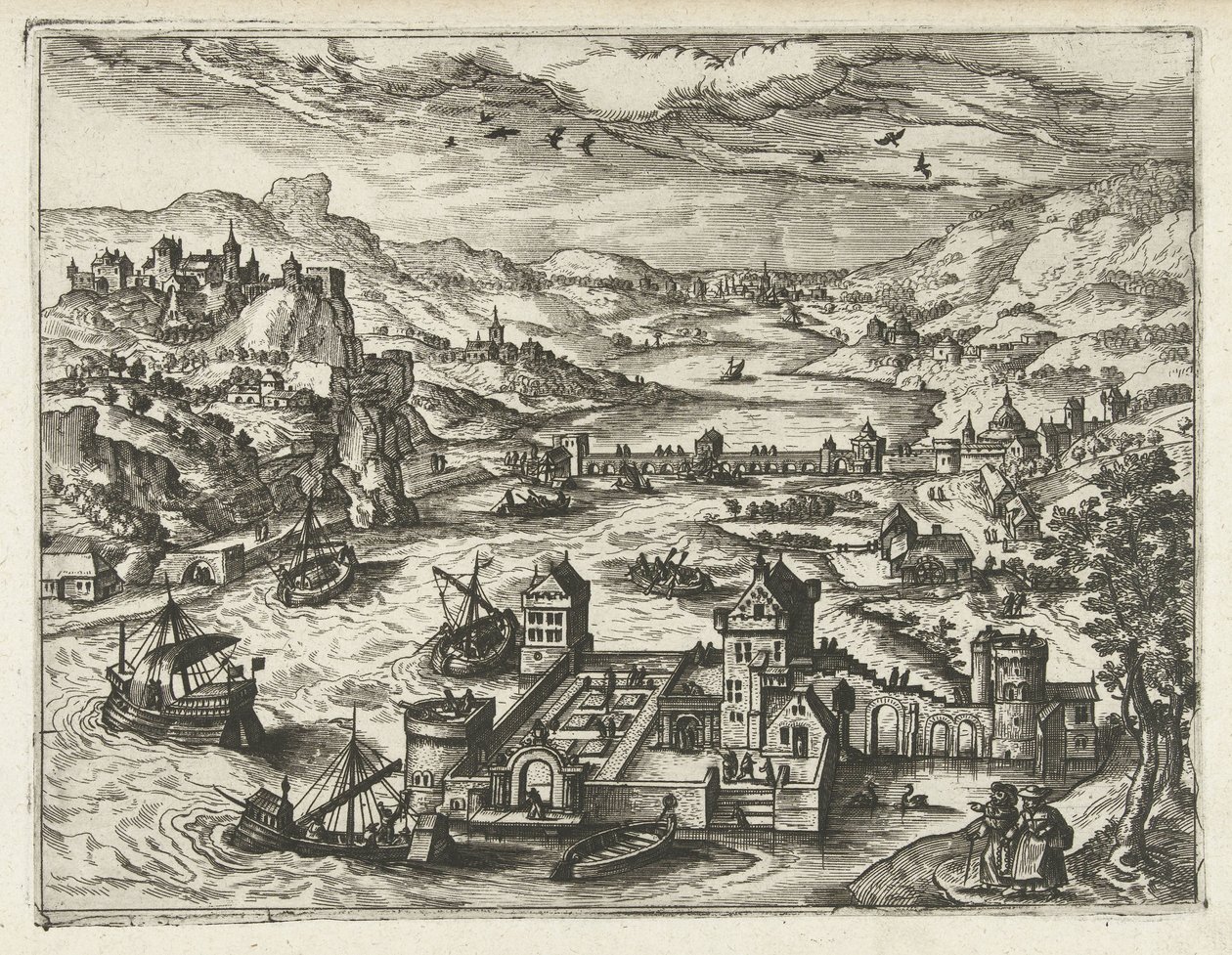 Jokimaisema ja vallihauta linna Maisemat, merimaisemat ja mielikuvitukselliset kaupunkimaisemat (sarjan nimi) tekijältä Joannes van Doetechum (I) (attributed to)