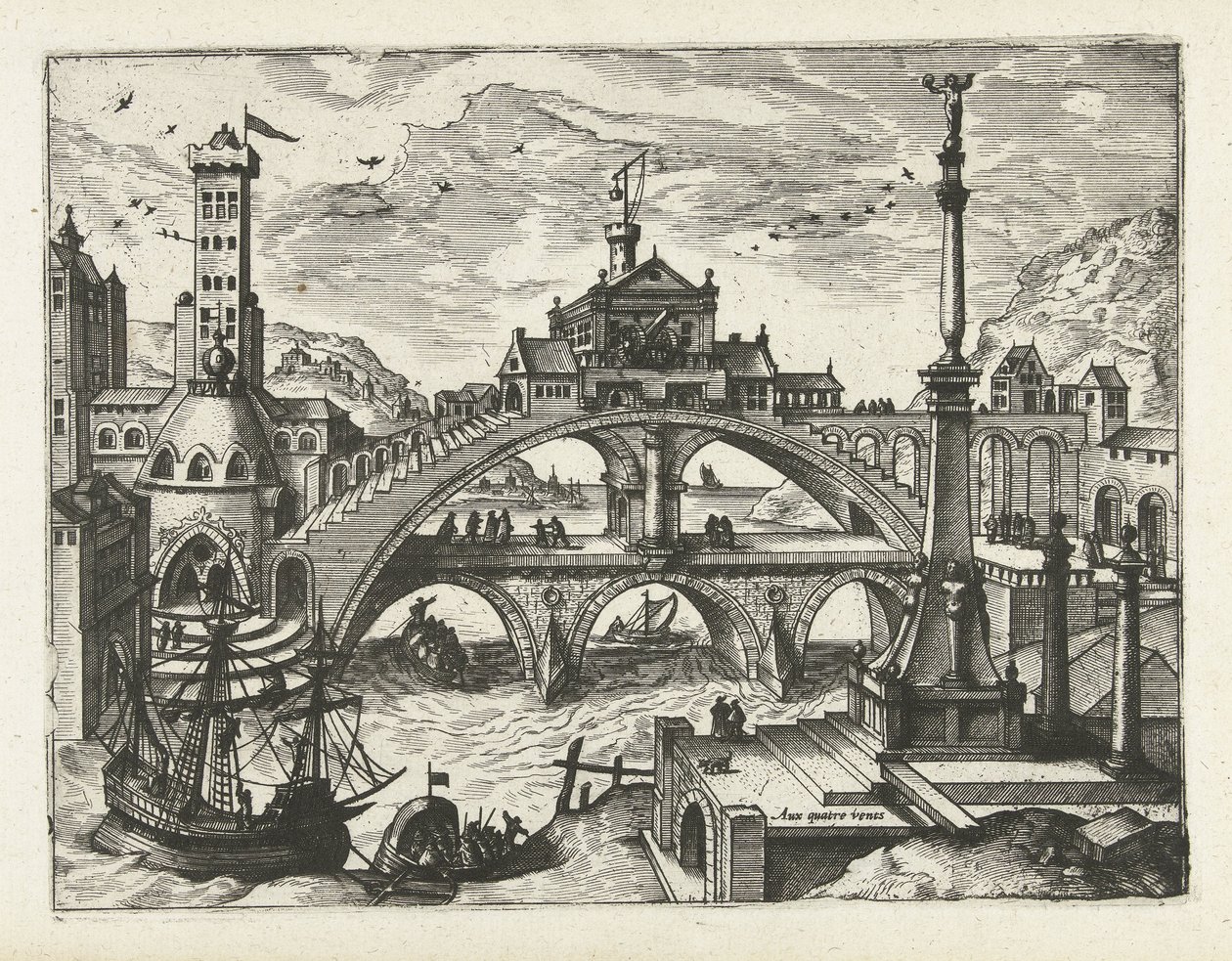 Kaupunki rakennettu silta Maisemat, merimaisemat ja mielikuvitukselliset kaupunkimaisemat (sarjan nimi) tekijältä Joannes van Doetechum (I) (attributed to)