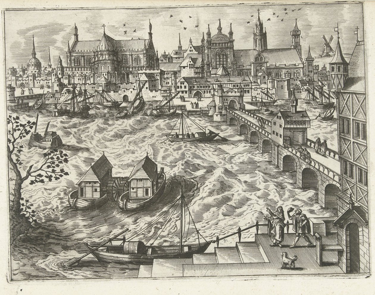 Kaupunkikuva sillalla ja satamalla Maisemat, merimaisemat ja mielikuvitukselliset kaupunkimaisemat (sarjan nimi) tekijältä Joannes van Doetechum (I) (attributed to)