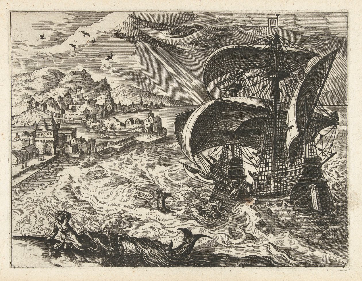 Merimaisema Joonan ja valaan kanssa Maisemat, merimaisemat ja mielikuvitukselliset kaupunkimaisemat (sarjan nimi) tekijältä Joannes van Doetechum (I) (attributed to)