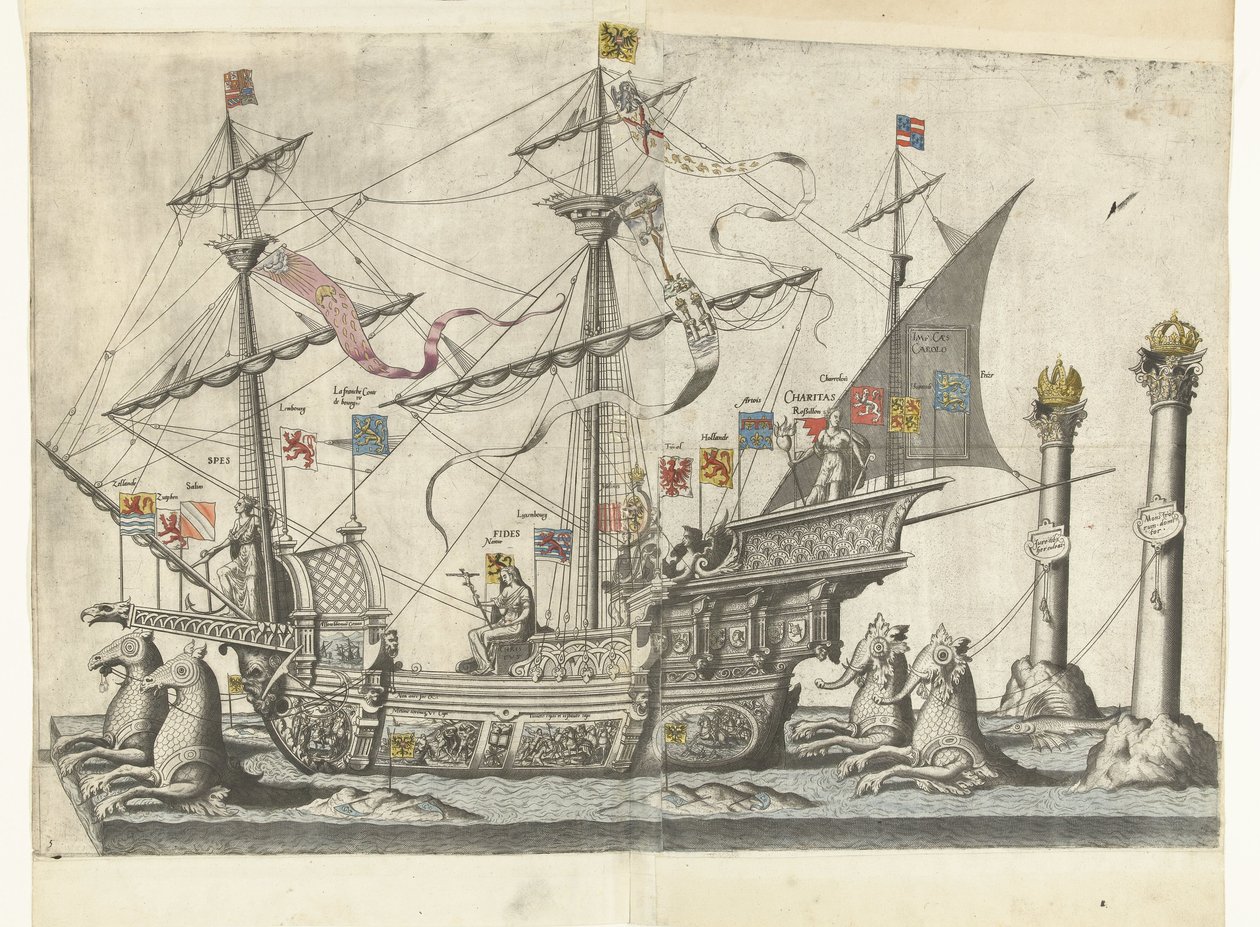 Het ship Victoria, nr. 5 Begrafenisoptocht van Keizer Karel V, 1558 (sarjan nimi) Upea ja ylellinen hautajaispumppu, joka esitettiin erittäin suuren ja voittoisan keisari Kaarle Viidennen hautajaisissa, joita juhlittiin Brysselin kaupungissa tekijältä Joannes van Doetechum (I)