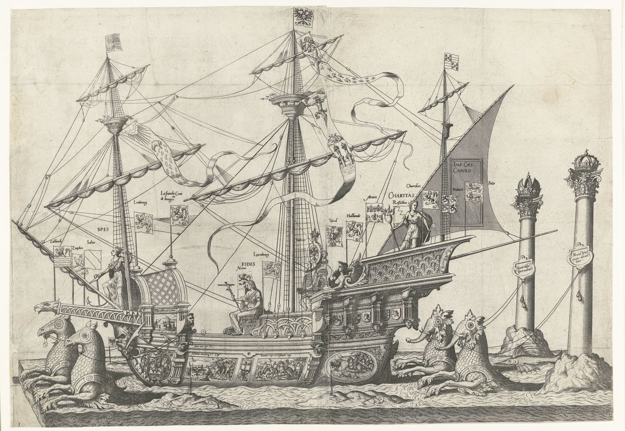 Laiva Victoria, nro 5 Keisari Kaarle V:n hautajaiskulkue, 1558 (sarjan nimi) tekijältä Joannes van Doetechum (I)