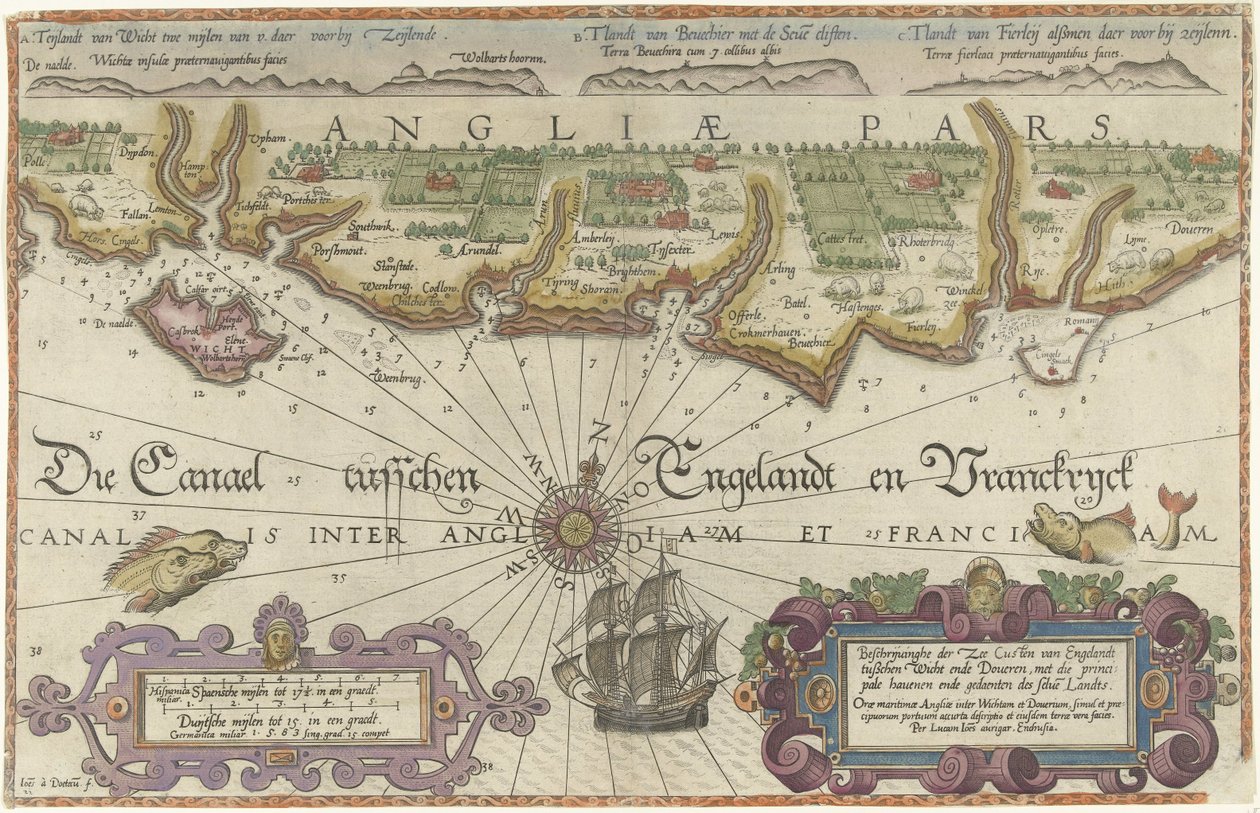 Kartta Englannin rannikosta Isle of Wightin ja Doverin välillä Kuvaushe der zee Custen van Englandt tuschen Wicht ende Doueren (...) (otsikko esineessä) tekijältä Joannes van Doetechum (I)