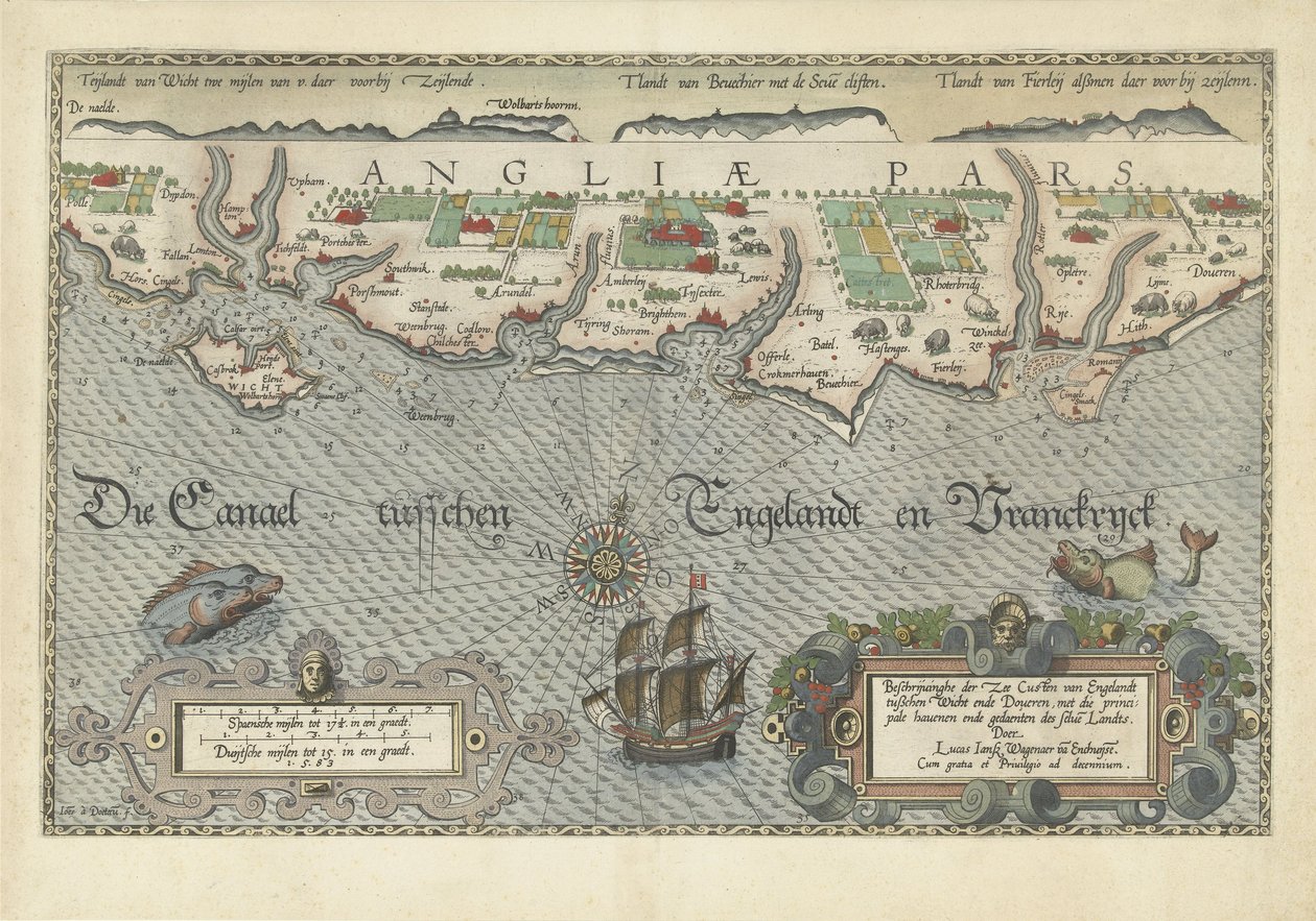 Kartta Etelä-Englannin rannikosta Isle of Wightin ja Doverin välillä tekijältä Joannes van Doetecum
