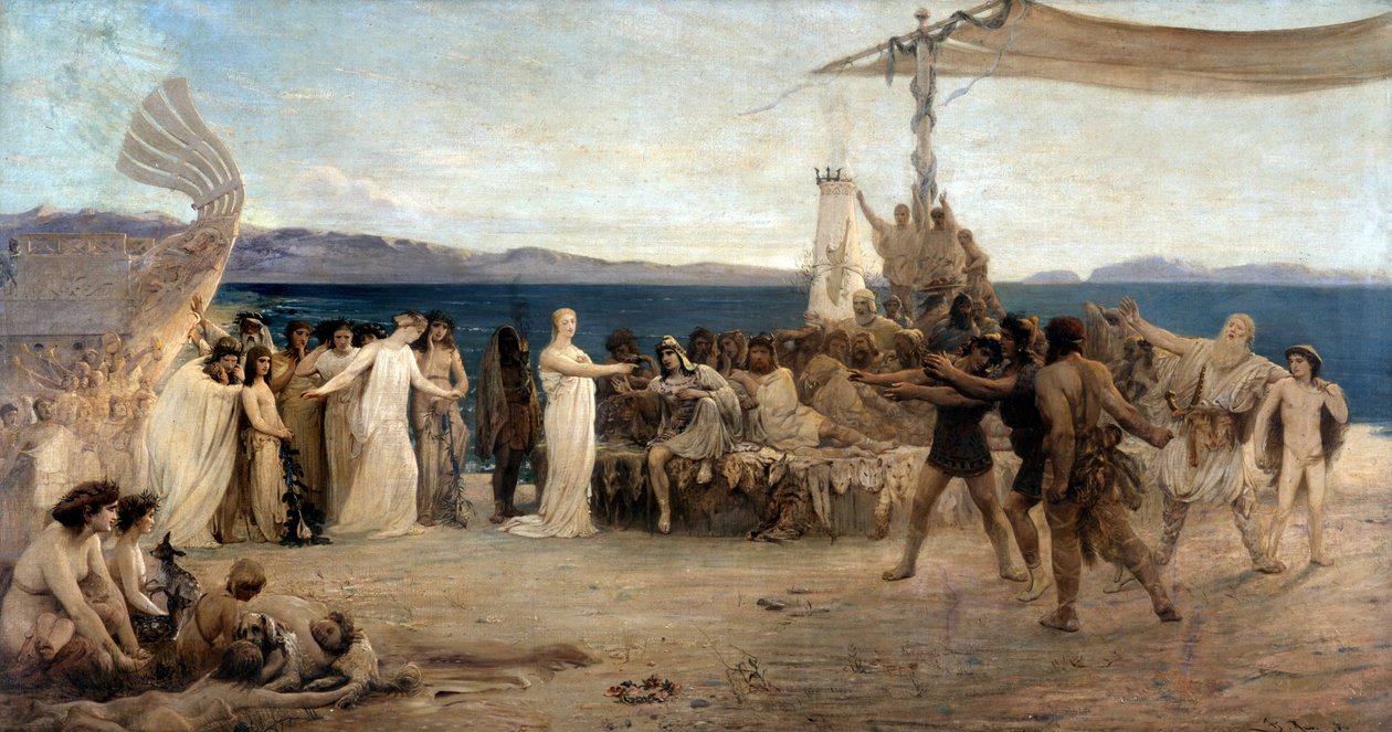 Marseillen perustaminen vuonna 600 eKr. - Protisin ja Gyptisin häät (öljy kankaalle) tekijältä Joanny Rave