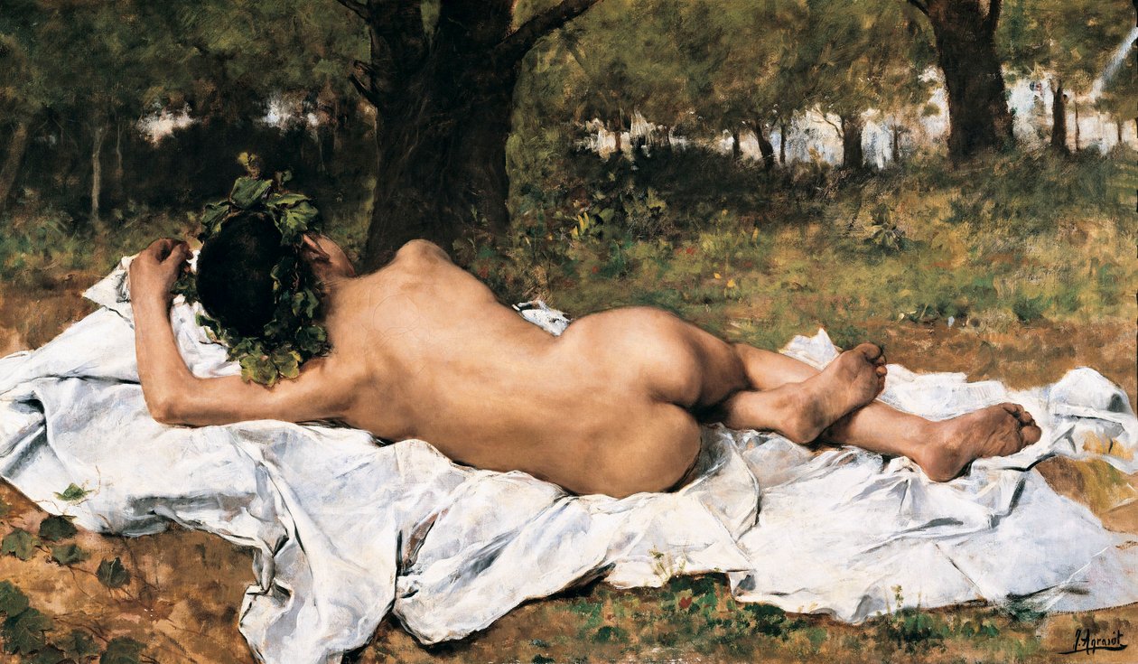 "" Nuori Bacchus "" Bacchus selästä pitenee lakanalla ruohossa. Joaquin Agrasot y Juanin (1836-1919) maalaus Noin 1872 Valenciassa. Museo Bellas Artes San Pio V. tekijältä Joaquin Agrasot y Juan
